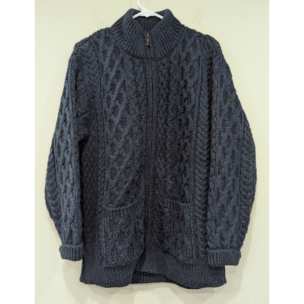Aran Crafts Ireland 100% Wool Cableknit Full Zip Blue Sweater Size Large